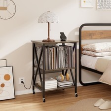 Turntable Record Player Stand with Builtin Charging Station and Divider Brown