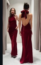 ZARA NEW WOMAN LONG velvet HALTER DRESS TIE OPEN-BACK WINE Size M 8739/331