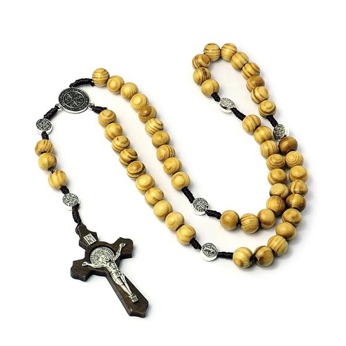 Wooden rosary necklace brown - necklace,