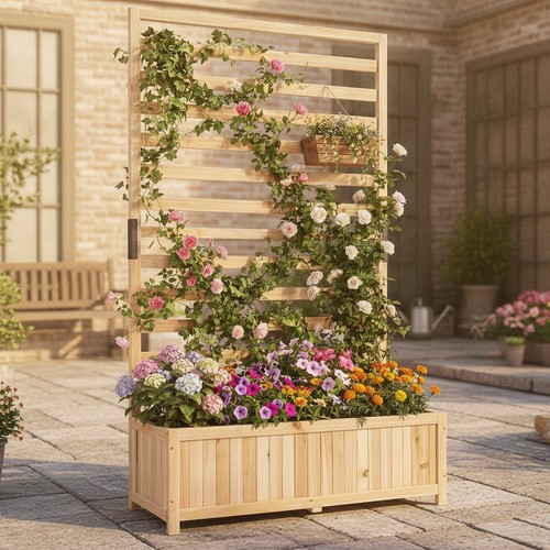 Wooden planter with - wooden, trellis