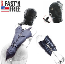 PU Leather Binding Leg Armbinder Behind Back Lockable Hood Mask Gags Couples