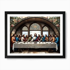 Jesus at the Last Supper Stained Gl Framed Wall Art Poster Canvas Print Picture