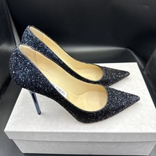 Jimmy Choo Abel 100 Navy Glitter Leather Heels Stiletto Shoes Size Eu38.5 Uk 5.5