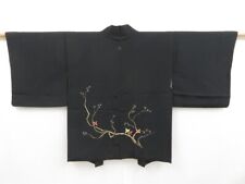 4504T04z540 Vintage Japanese Kimono Silk HAORI Branch Embro Black