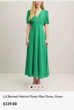 LK Bennett Hermia V-neck puff-sleeve woven midi dress in green size 12 RRP £329
