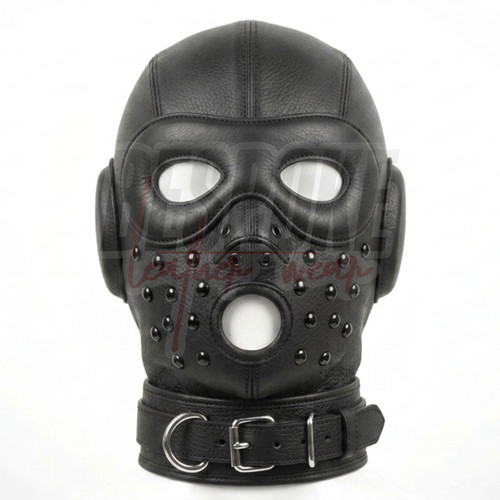 Leather bondage hood mask - bondage,