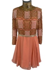 VIRGOS LOUNGE DRESS 10 PEACH Beaded Upper Sleeves Pleated Chiffon Fit & Flare