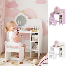 Kids Dressing Table with Mirror and Stool, Kids Vanity Table w/ Shelves