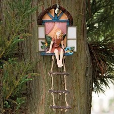 Fairy House Tree Hanging Sculpture Window Ladder Resin Statue Figurine Ornament