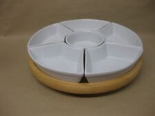 Wooden Lazy Susan & 6 Ceramic Dishes ~ Rotating Wooden Platter ~ Unused Boxed