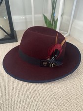 Christys London burgundy red wool trilby country feather hat 57cm beautiful