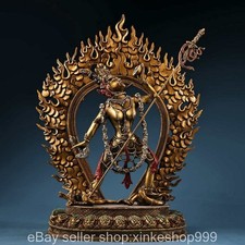 14'' Old Tibet Buddhism Copper Gilt Backlight Vajravarahi Dorje Phakmo Statue