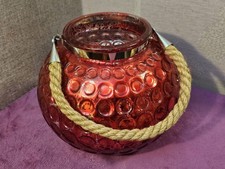 Large Red Dimpled Glass Hurricane Lantern Candle Holder with Hanging Rope