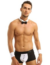UK Men's Tuxedo Waiter Cosplay Lingerie Set Bow Tie Briefs with Cuffs Underwear 