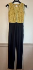 Mustard Yellow Lace Heart Jumpsuit Black Bottom UK 8 Open Back