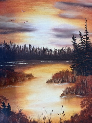 Vintage bob ross - style, sunset