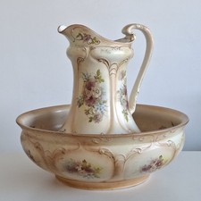 Large Crown Devon Art Nouveau Jug Bowl Pitcher Basin Set British Pottery Antique