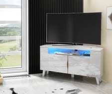 Corner TV Stand White High Gloss & Matt Modern Unit Cabinet LED Light Azzurro 06