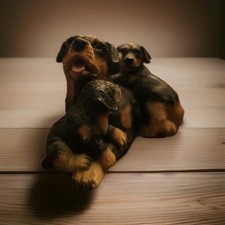 Rottweiler Dog And Puppies  Figurine Small Stone Resin Hand Painted 