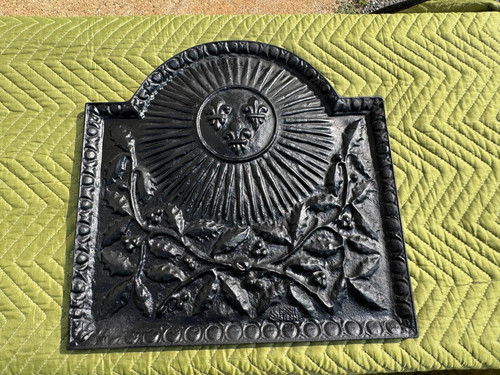 Antique iron fireback fleur - fireback,