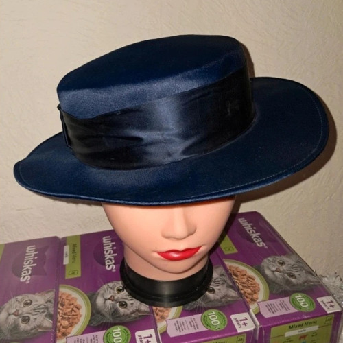 Blue satin boater hat black - satin,