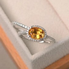 1.90 Ct Oval Cut Natural Citrine & Diamond Anniversary Ring 14k White Gold 7