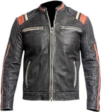 MENS CAFE RACER DISTRESSED BLACK REAL SHEEPSKIN LEATHER BIKER JACKET 