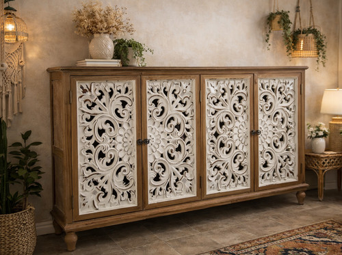 Boho carved sideboard buffet - carved,