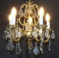 A VINTAGE FRENCH CHANDELIER , BRASS CAGE CEILING LIGHT WITH CRYSTALS  (NV14)
