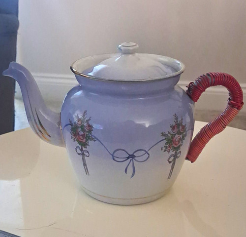 Vintage enamel teapot floral - enamel,