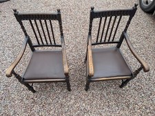 Antique Oak Carver Dining chairs Carved back Turned legs Date1819. Reupholstered