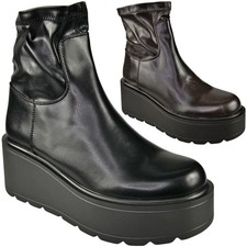 Ankle Wedge Boots Shoes Ladies Winter Zip Comfy Faux Leather Stretch Womens Size