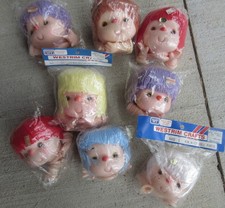 8 Vintage Mitzi Doll Heads & Hands Red Purple Brown White Yellow Blue Hair NOS