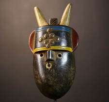 African Baule mask horned tribal face vintage carved wood wall art decor-G5133