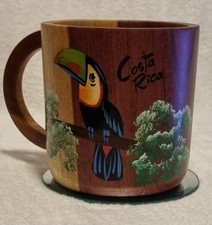 Vintage  Wooden Bamboo Coffee Mug Cup Toucan Floral Costa Rica