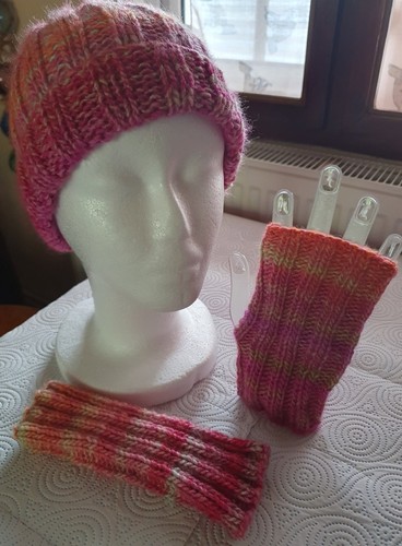 Hand knitted hat and wrist - and,