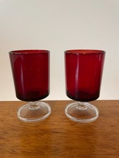 Pair of vintage 1970s ruby red French Luminarc port, sherry, liqueur glasses