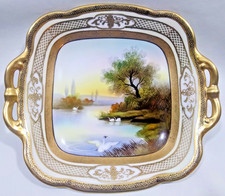 Antique Noritake Hand Painted Square 2 Handled Gilded Bowl Dish Swans on Lake