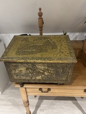 Vintage English Brass Embossed Wood/Log/Kindling Box - Town Setting.