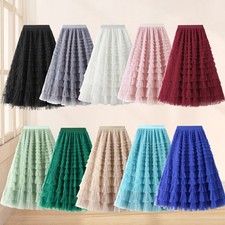 Womens Ruffle Tutu Skirt Ladies High Waist Tulle Mesh Pleated Layered Long Dress
