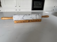 Vintage marble gourmet kitchen rolling pin on stand wooden handles