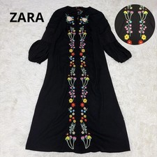 Zara Bohemian Long Dress Embroidery Floral Cotton Black Japan M
