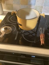 Yellow Le Creuset Cast Iron fondue Set with Burner,stand And Fork