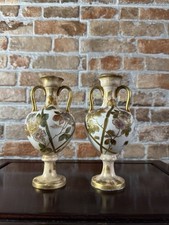 Pair of Antique Royal Bonn Handled Pedestal Vases – Floral Gilded Porcelain, Cir