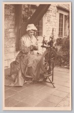 Welsh Lady in National Costume with Spinning Wheel & Tall Hat Sepia Postcard