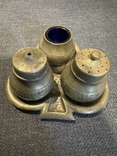 Vintage Culforia Sheffield Pewter Cruet Set Salt Pepper Mustard Cobalt Liner
