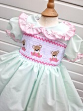 Dream baby girls 0-7 years mint pink teddy smocked embroidered traditional dress