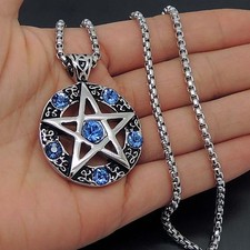 Celtic Wicca Pentacle Pentagram Star Blue CZ Stones Stainless Steel Pendant