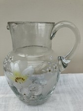 Antique Enameled Clear Glass Small Jug Hand Painted with Enamel Flowers 5"