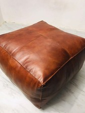 Boho 30'' Moroccan  Square Coffee Table Pouf Distressed Brown Leather Unstuffed